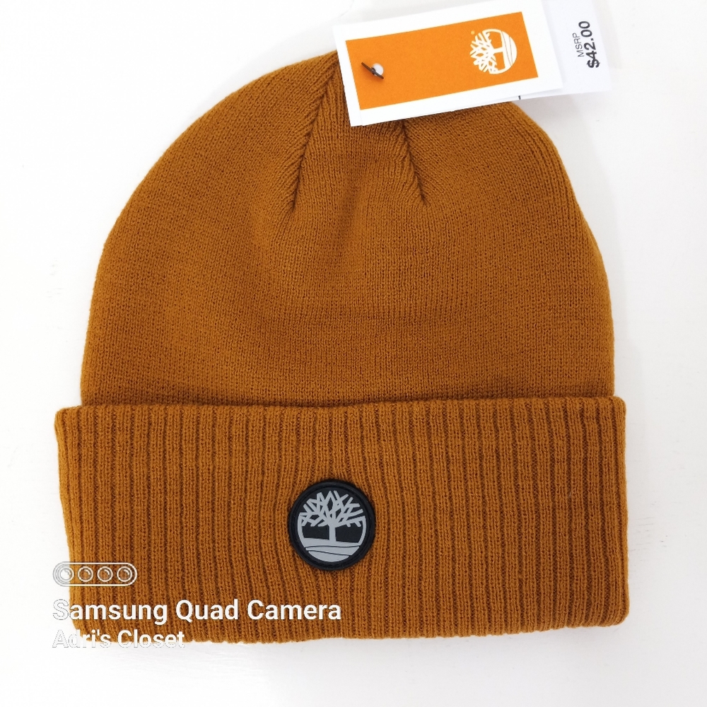 Timberland Wheat Rubber Logo Ribbed Knit Cuff Beanie Skull Cap